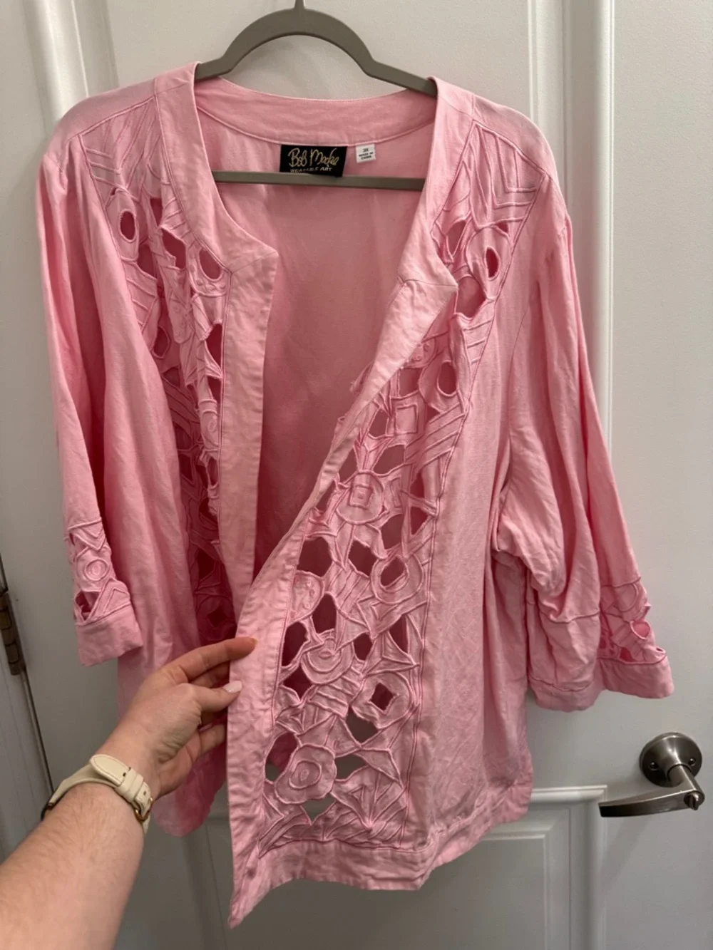 Bob Mackie Pink Linen Cutwork Jacket - Picture 2 of 6